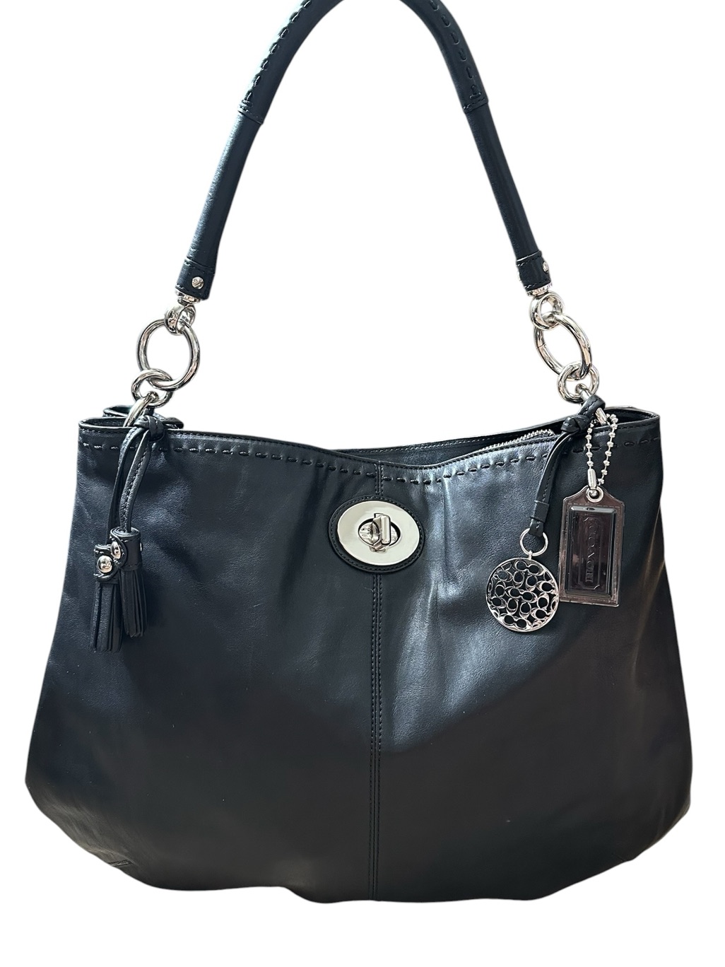 Coach 15405 Hamptons Large Black Leather Slouchy Hobo Turn-Lock Whipstitch Bag